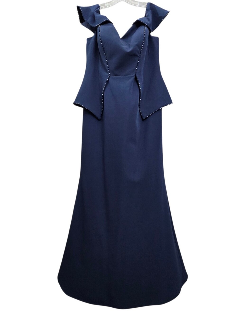 Nwot Gia Franco Navy Off Shoulder Cap Sleeve Bead Edge Open Peplum Evening Gown
